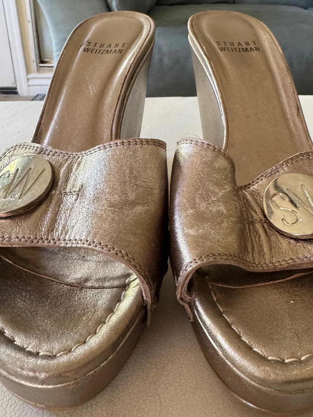 Stuart Weitzman Bronze Metallic Wedge Mules